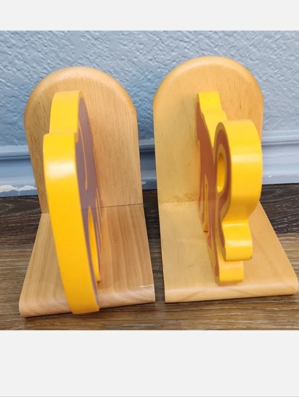 Crate & Barrel Wood Bookends Red Monkey Blue Elephant Yellow Gold